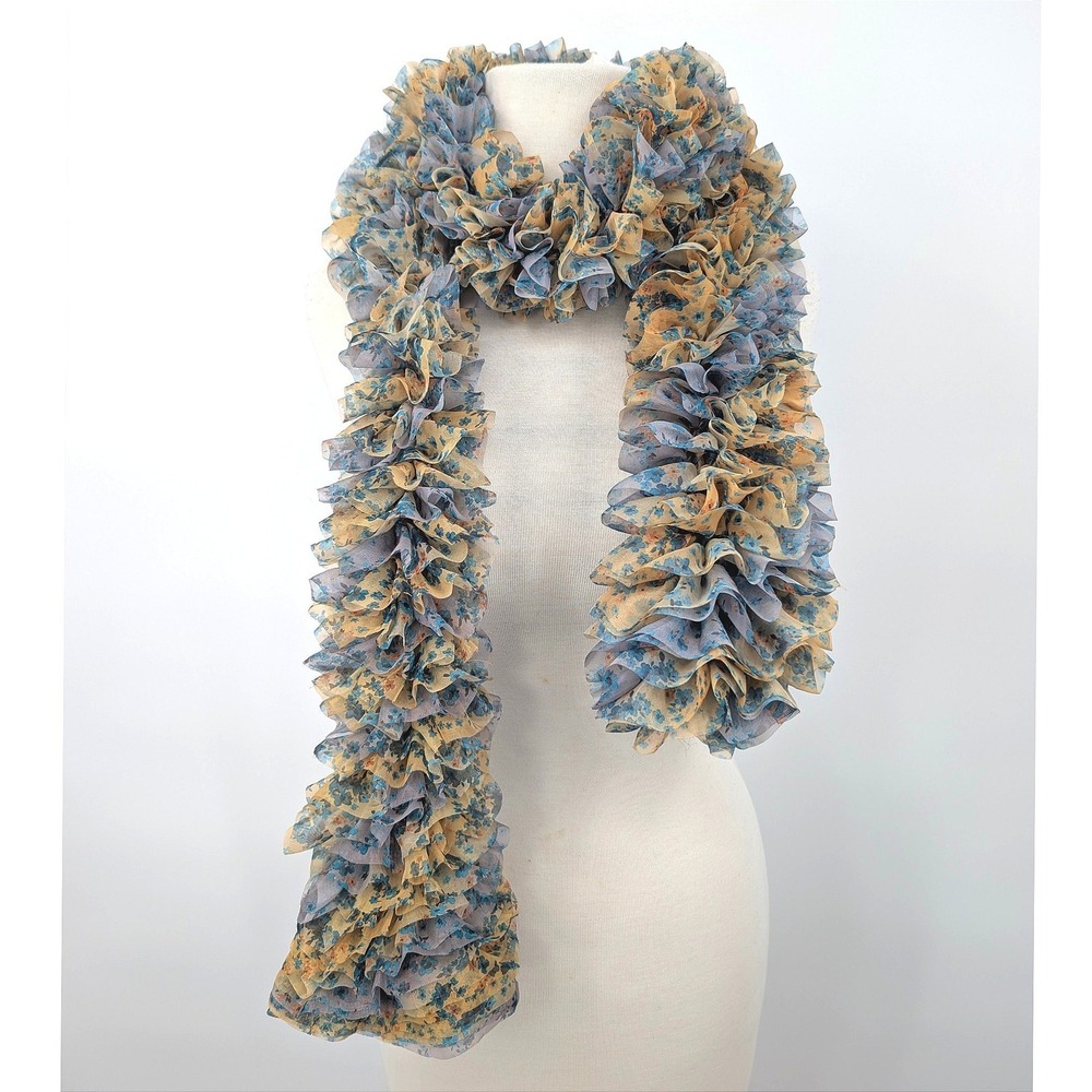 Floral Ruffle Scarf Blue Gold Sheer Chiffon Boa Statement Romantic 81"